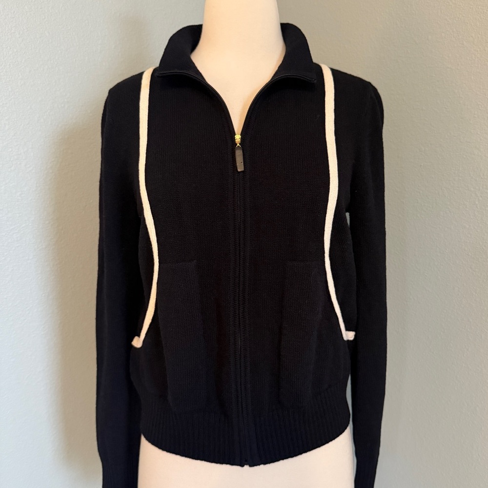 St. John Sport Navy Zip-Up Knit Jacket with White Trim